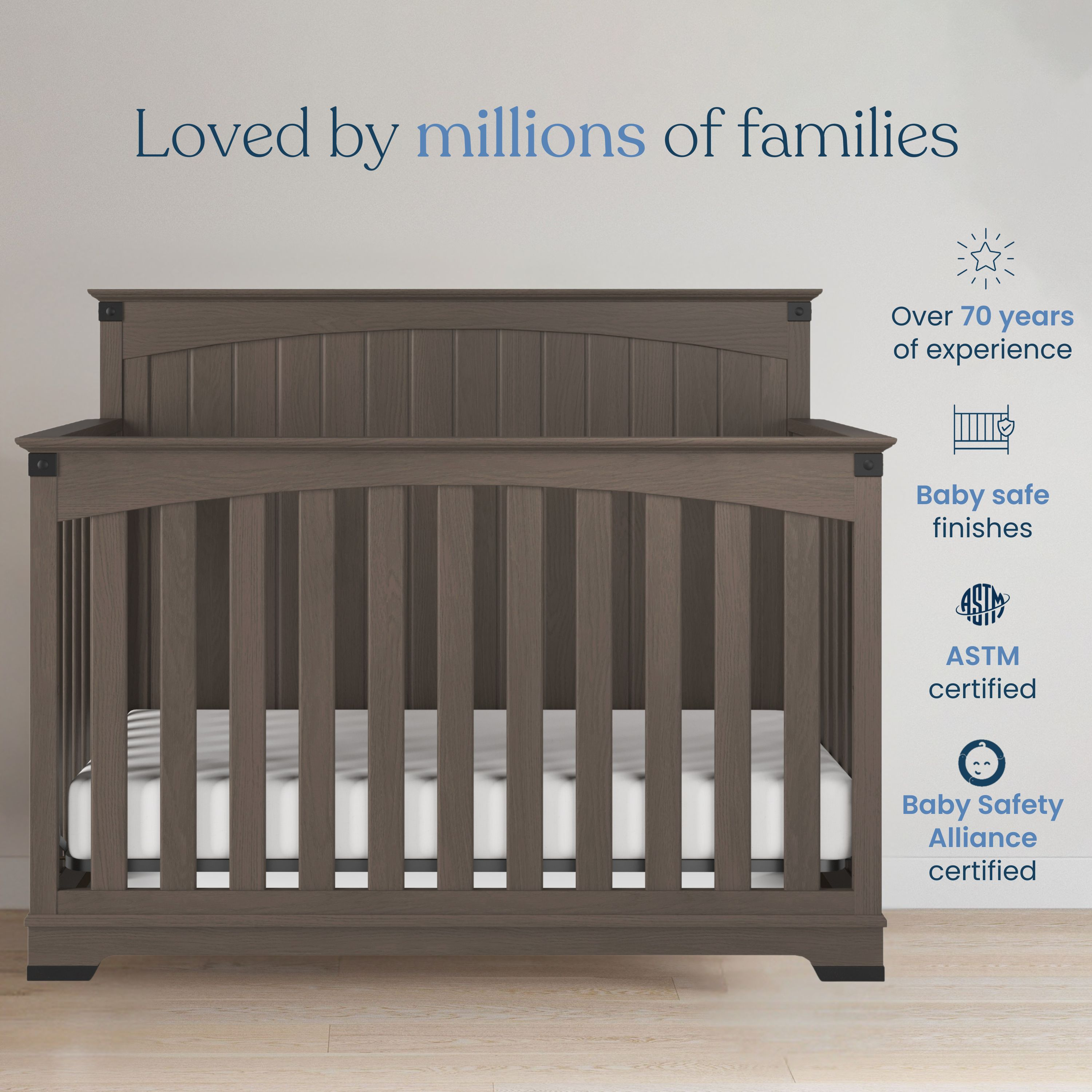 Child Craft Redmond Solid Back 4-In-1 Convertible Crib - Dapper Grey.