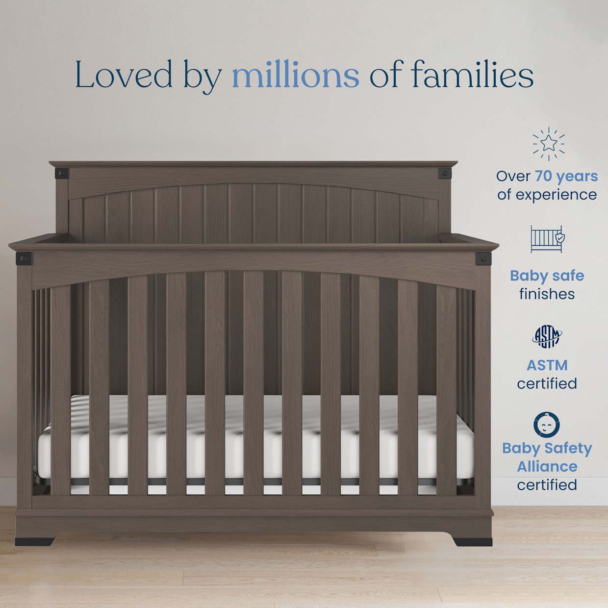 Child Craft Redmond Solid Back 4-In-1 Convertible Crib - Dapper Grey.