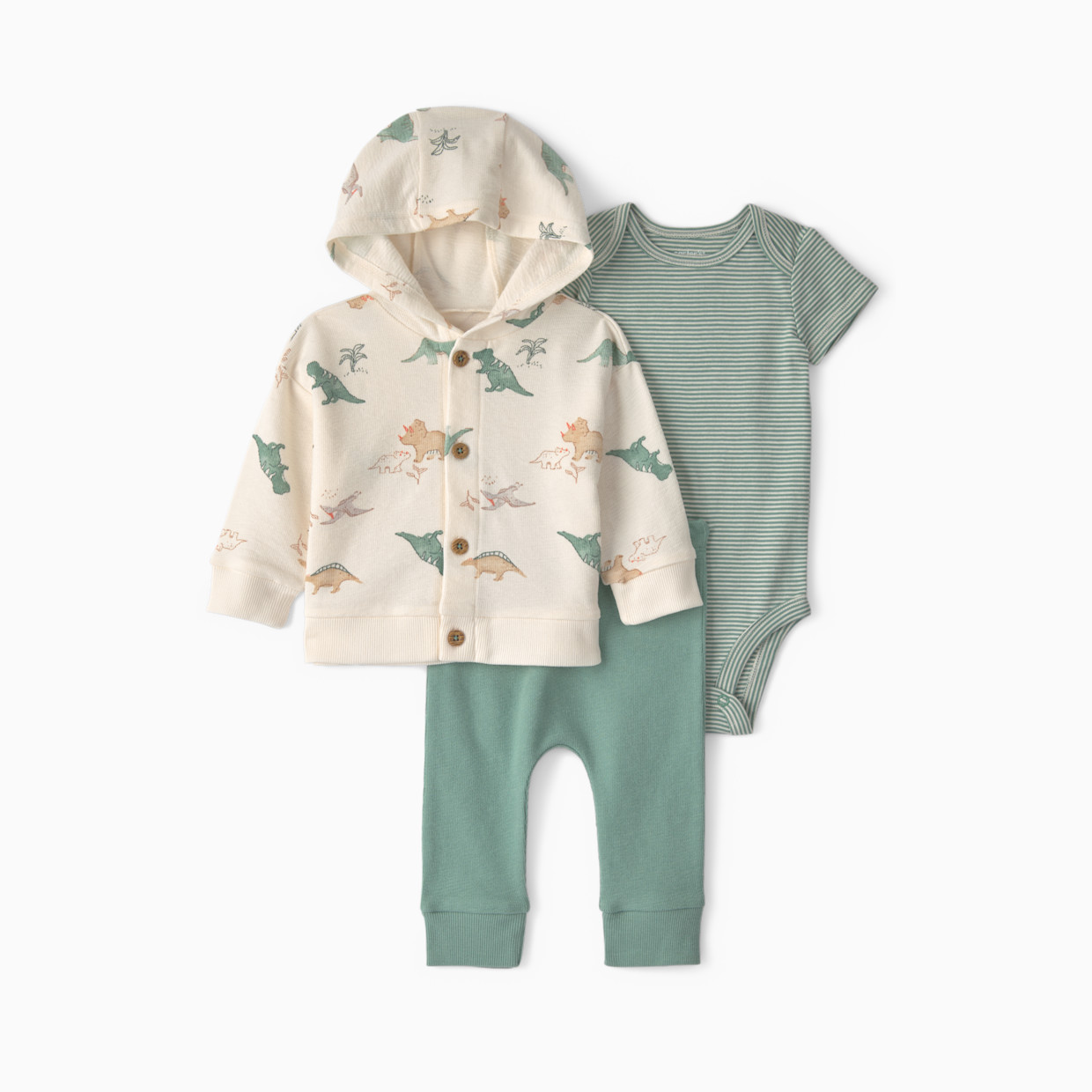 Carter's 3-Piece Hoodie Layering Set - Green/Cream Dinosaur, 3M.