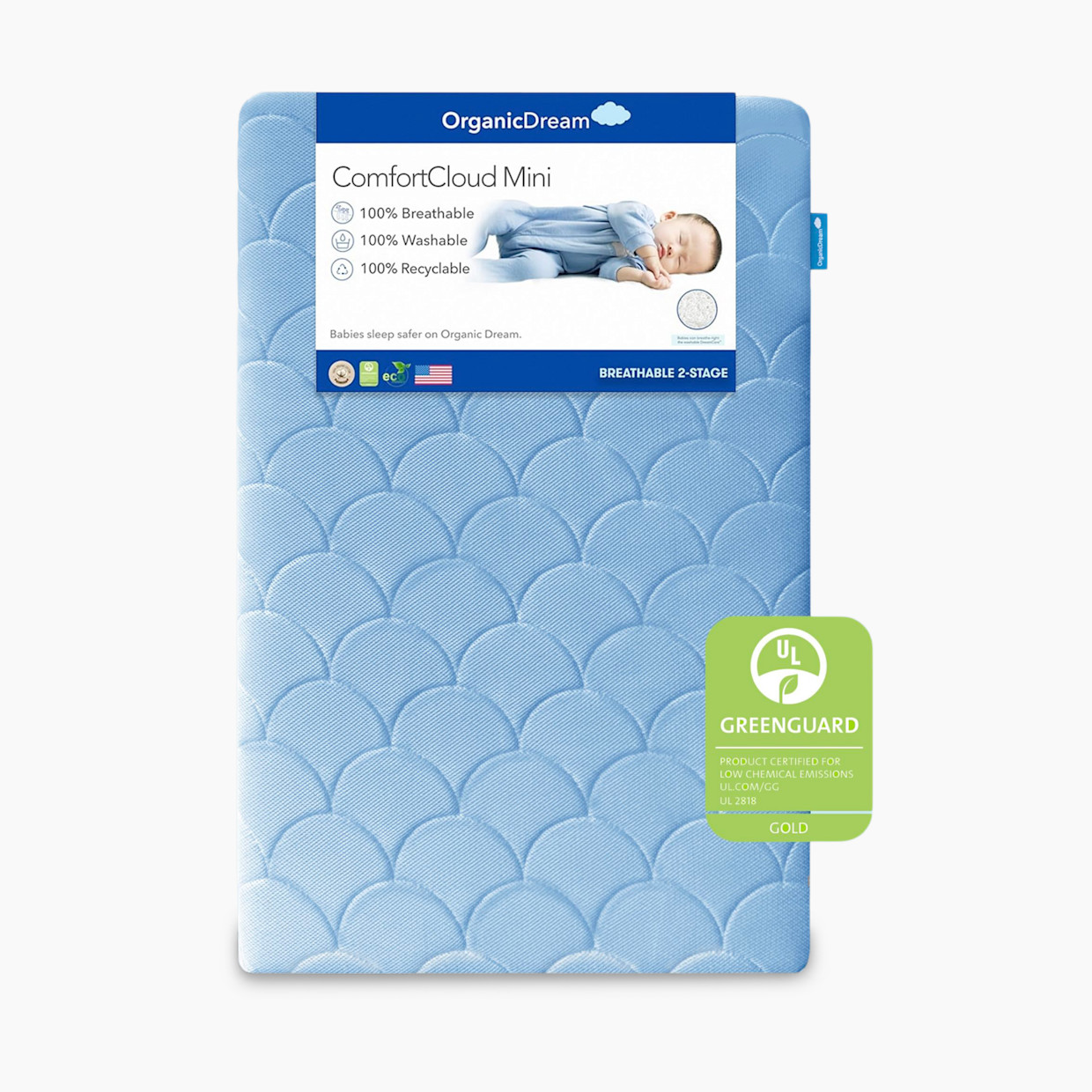 Organic Dream Mini Crib Size ComfortCloud 2-Stage Mattress - Sky Blue, Mini Crib Mattress.