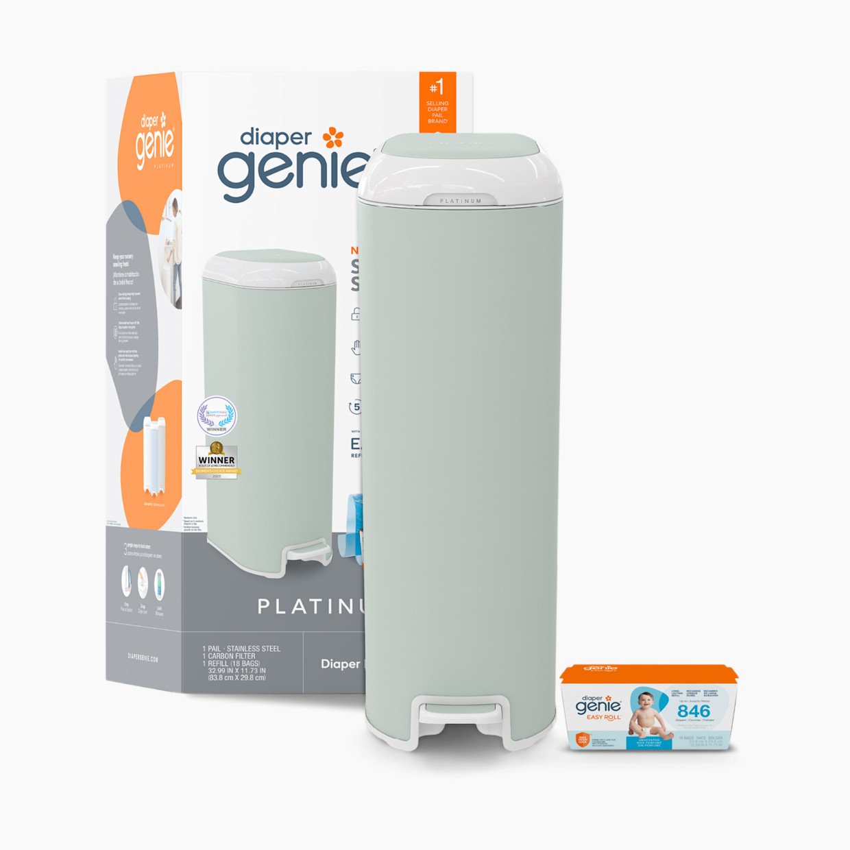 Diaper Genie Platinum Stainless Steel Diaper Pail with Easy Roll Refill Bags - Sage Green, Unscented.