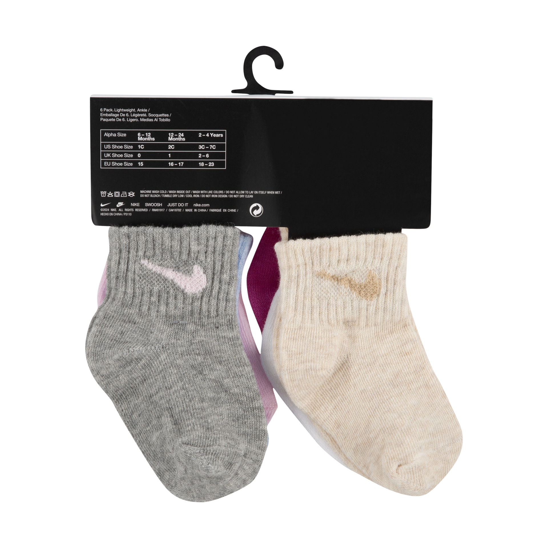 Nike Swoosh Ankle Socks (6 Pack) - Playful Pink, 6-12 M.