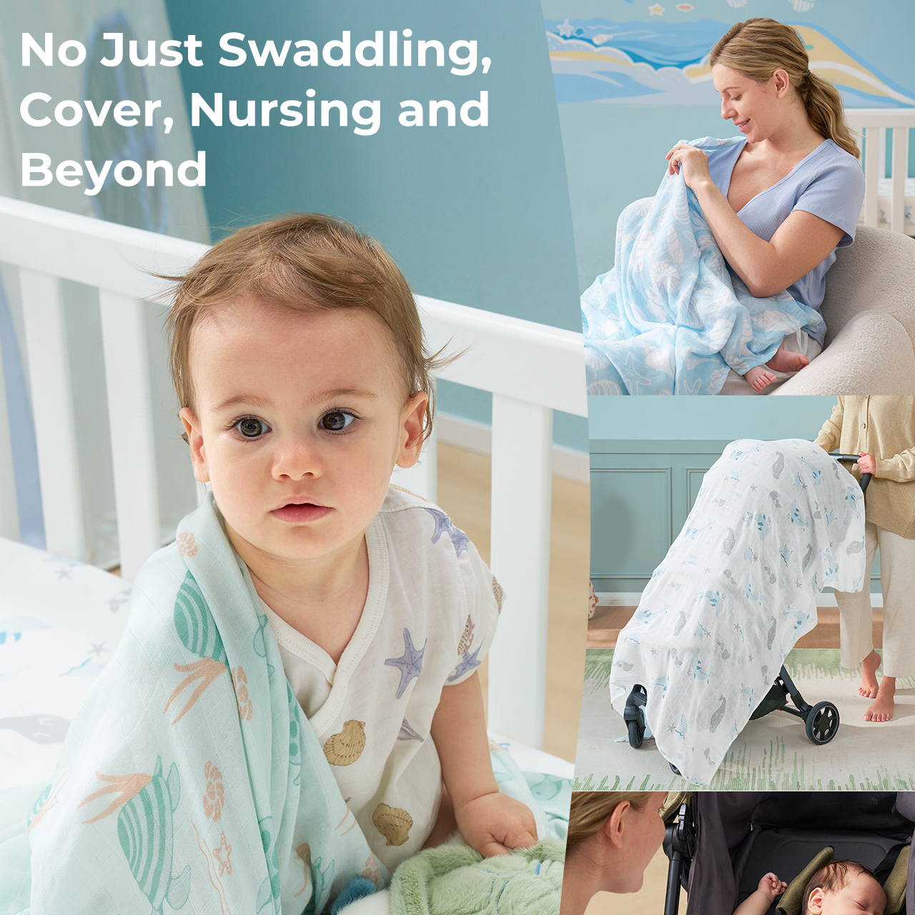 Momcozy Muslin Swaddle Blanket (4 Pack) - Ocean Pixie Dream.