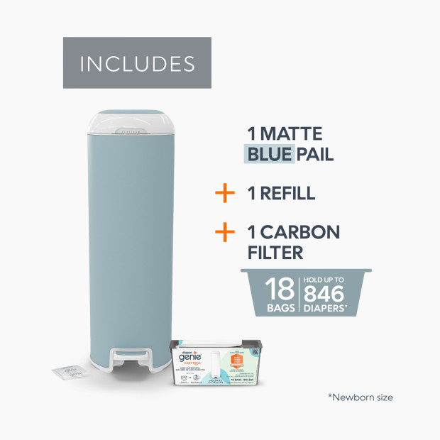 Diaper Genie Platinum Stainless Steel Diaper Pail with Easy Roll Refill Bags - Glacial Blue, Unscented.