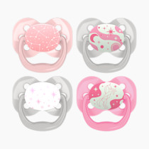 Dr. Brown's Advantage Glow-in-the-Dark Baby Pacifier, Fully Symmetrical Soother with Soft Silicone Bulb, Lavender Love-Coral Ocean, 0-6m, BPA Free, 4 Pack