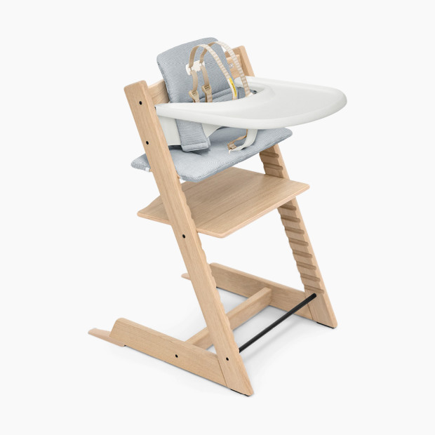 Stokke Tripp Trapp High Chair Complete + Newborn Set - Oak Natural/Nordic Blue Cushion/White Tray.