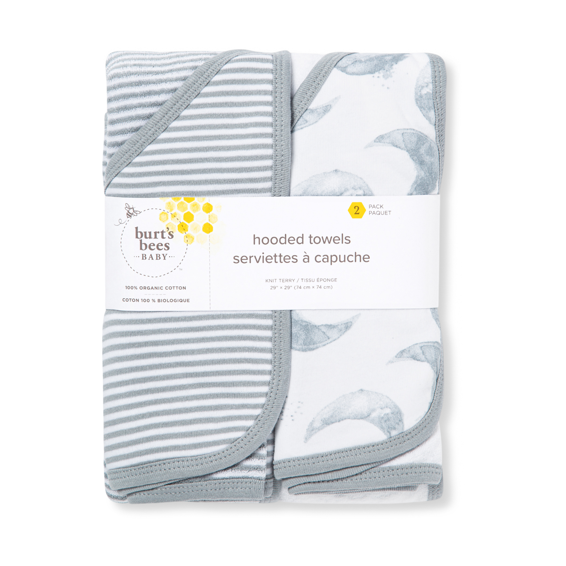 Burt's Bees Baby Organic Single-Ply Hooded Towel (2 Pack) - Hello Moon Grey.