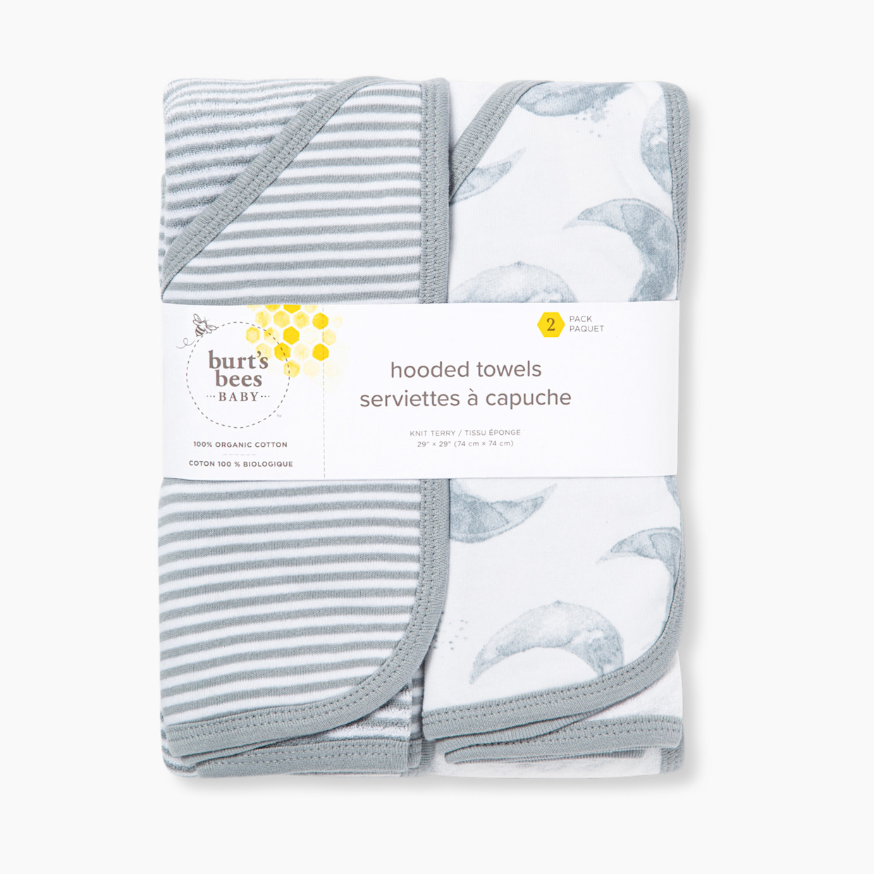 Burt's Bees Baby Organic Single-Ply Hooded Towel (2 Pack) - Hello Moon Grey.