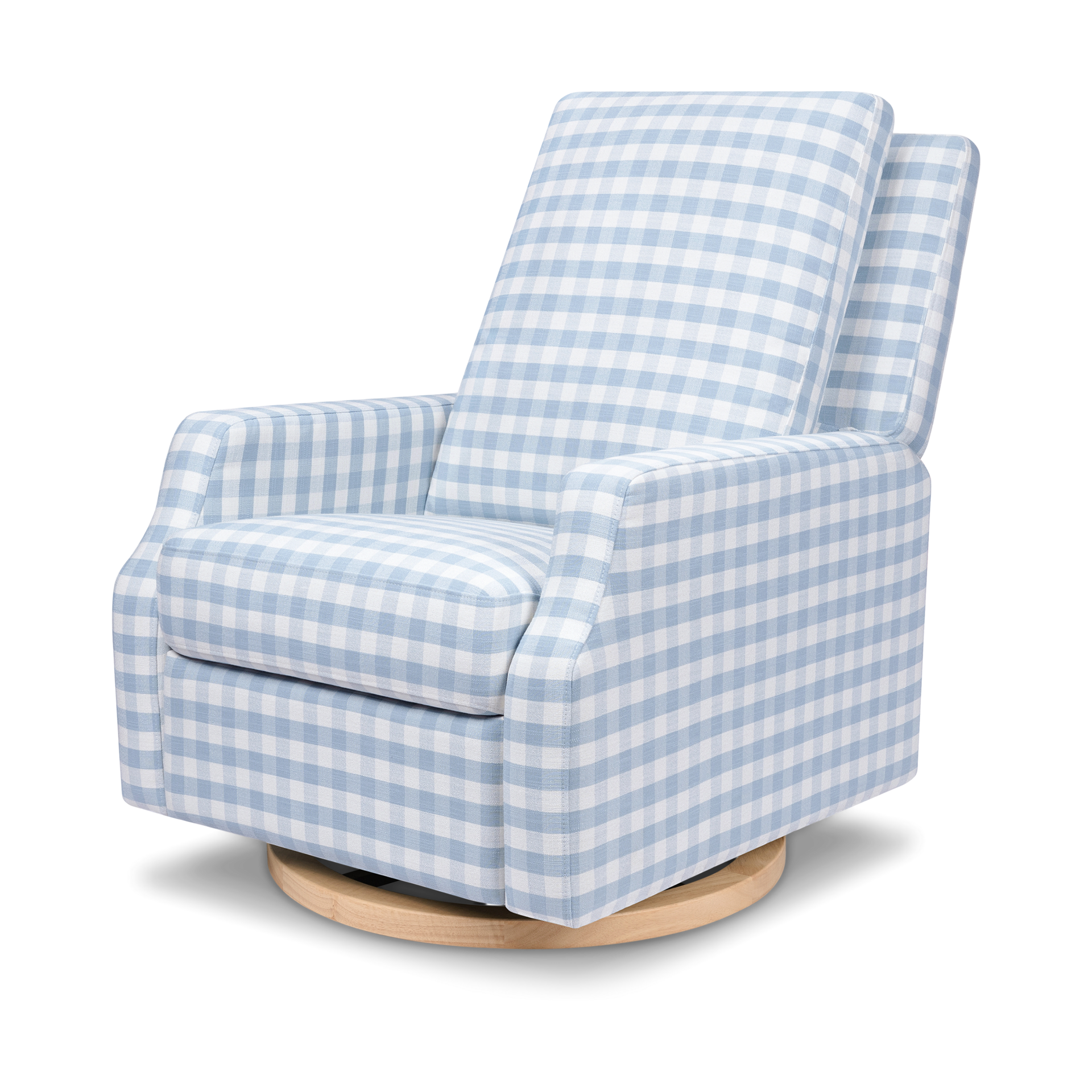 Namesake Crewe Recliner and Swivel Glider - Blue Gingham With Light Wood Base