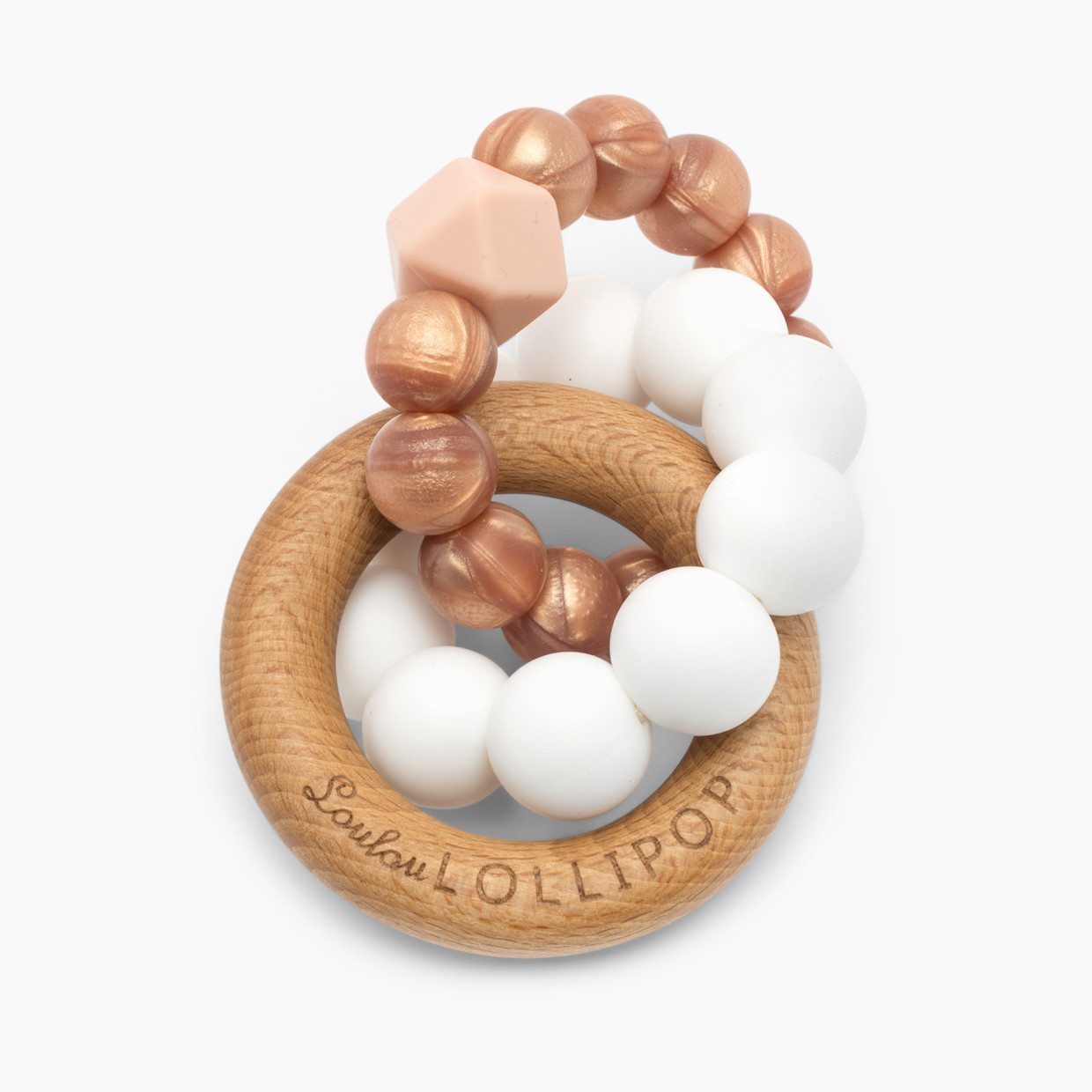 Loulou Lollipop Trinity Silicone & Wood Teether - Rose Gold.