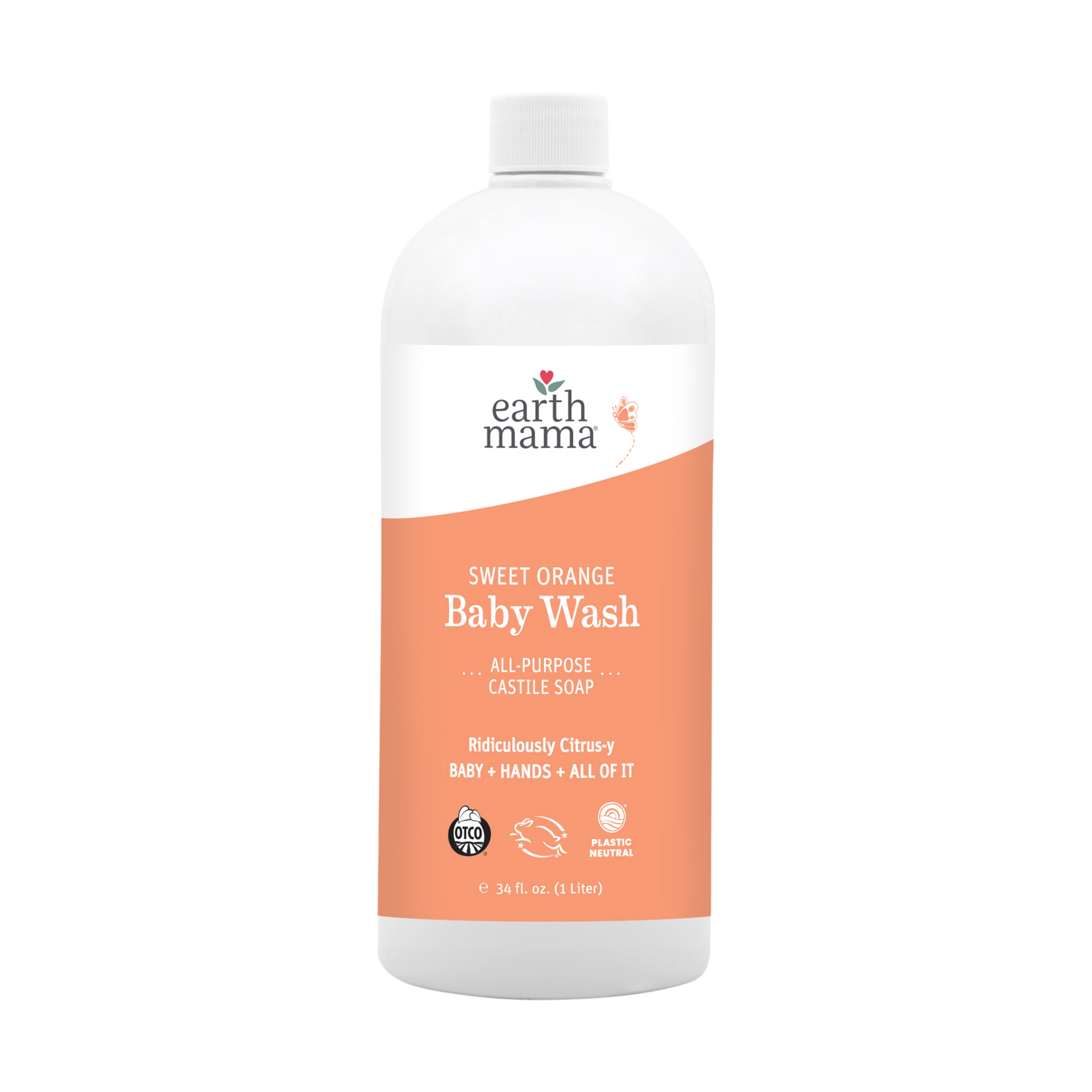 Earth Mama Sweet Orange Baby Wash Liquid Hand Soap Refill, Organic Body Wash for Sensitive Skin, All Purpose Castile Soap Liquid with Coconut Oil, Shea Butter, Calendula & Aloe, 34 fl oz
