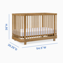 Crib with blue dimension labels showing 36"H, 54.5"W, 30.25"D