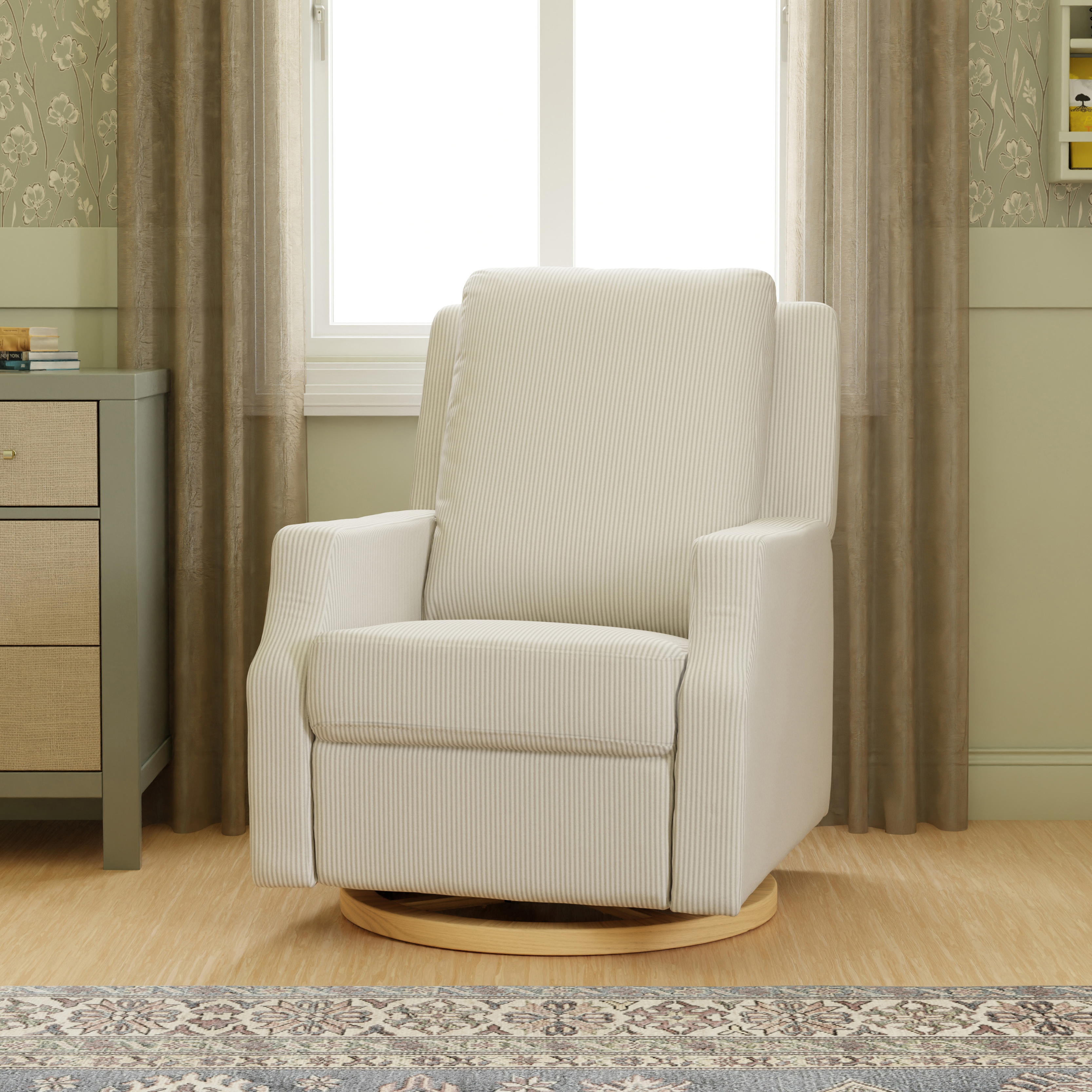 Namesake Crewe Electronic Recliner and Swivel Glider - Fog Chatham Stripe Performance Eco-Weave With Light Wood Base.