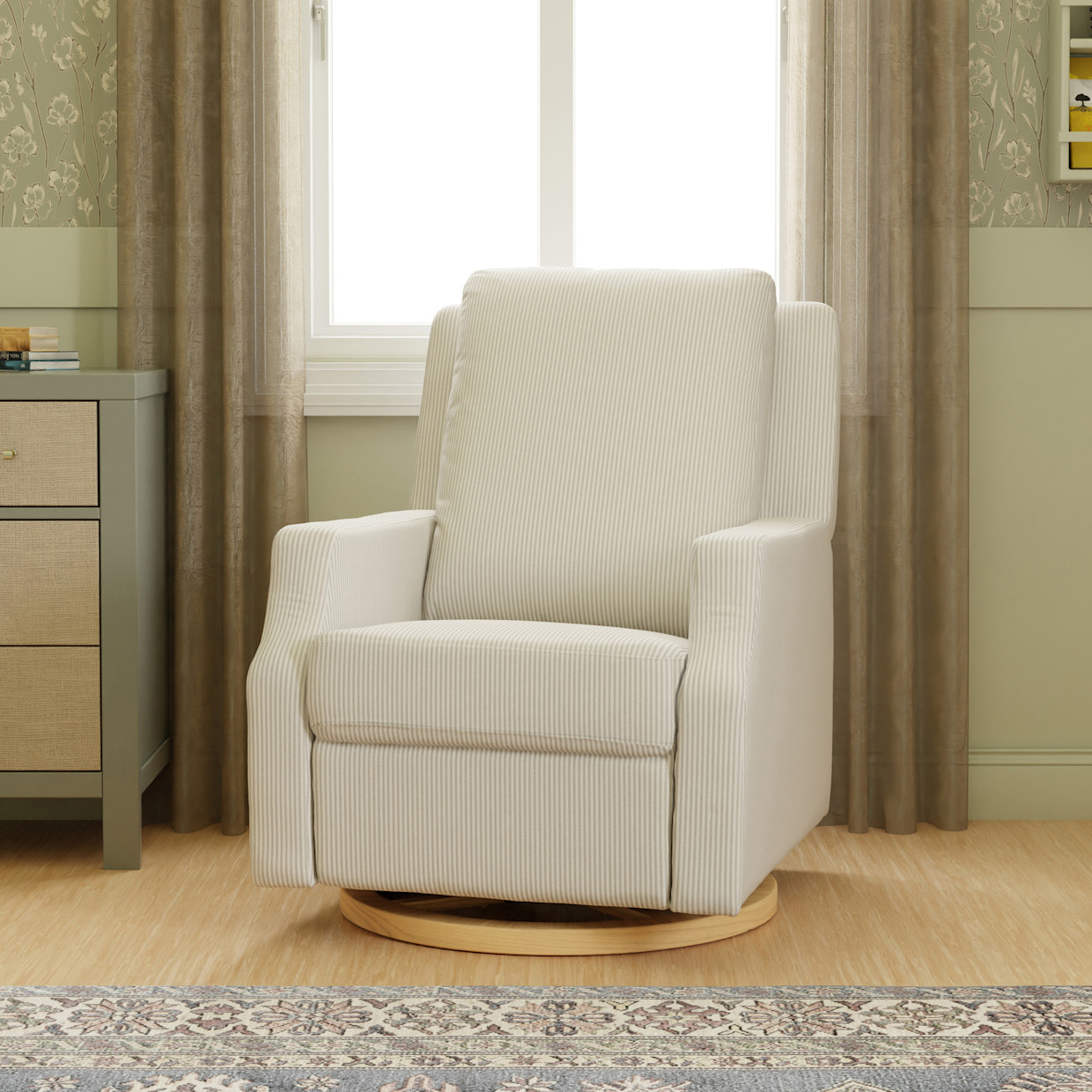 Namesake Crewe Electronic Recliner and Swivel Glider - Fog Chatham Stripe Performance Eco-Weave With Light Wood Base.