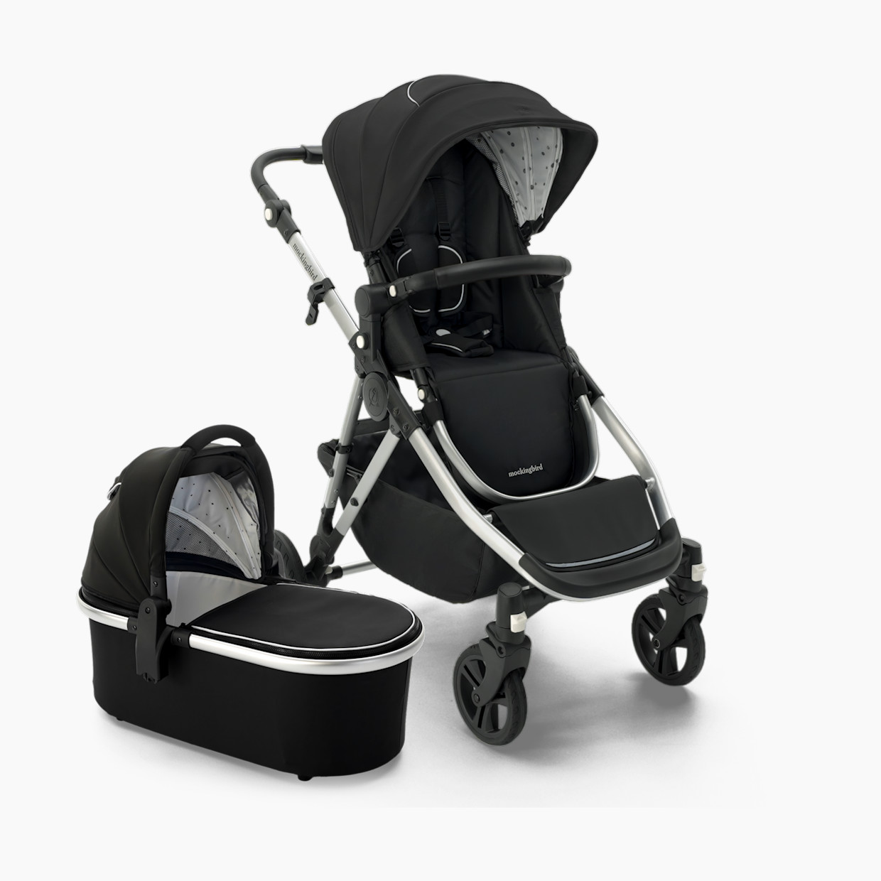 Mockingbird Single-to-Double Stroller 2.0 and Bassinet Bundle - Black/Watercolor Canopy With Black Leather.