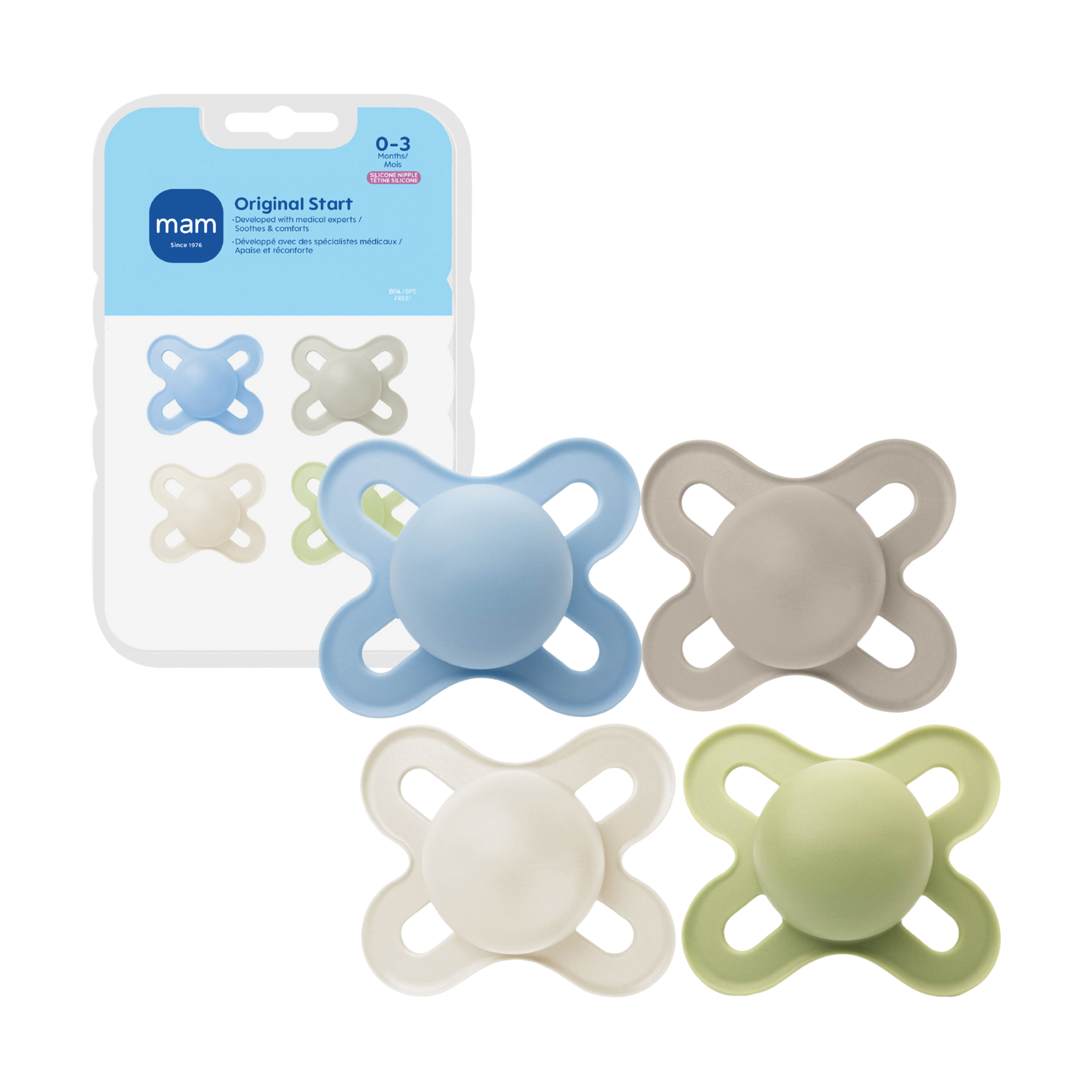 MAM Original Start Matte Baby Pacifiers, Binky for 0-3 Months, BPA-Free Silicone Nipple, Easy to Clean, Best for Newborn Babies, Developed with Medical Experts, 4 Count Binkies
