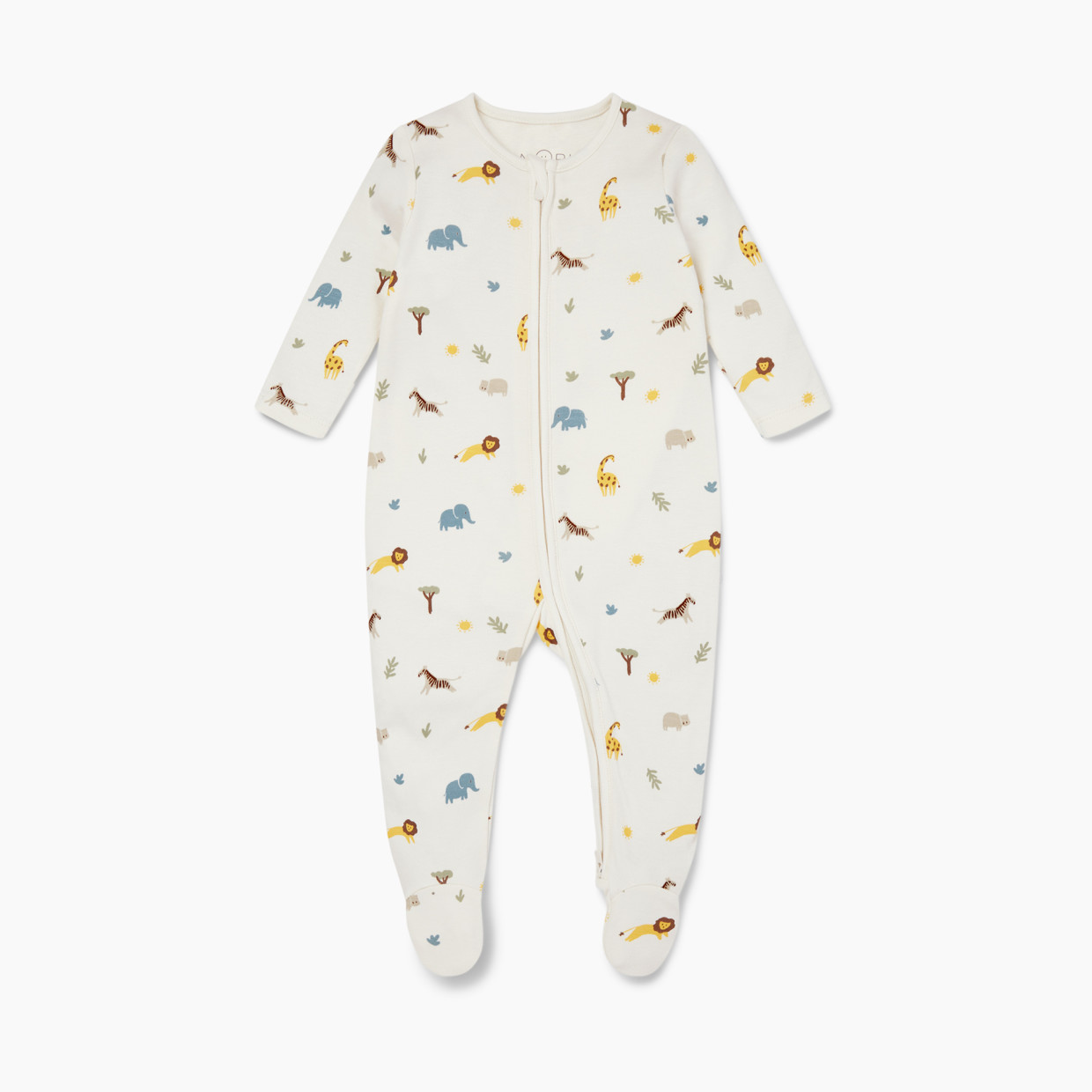 MORI Printed Zip Baby Pajamas - Safari, Newborn.