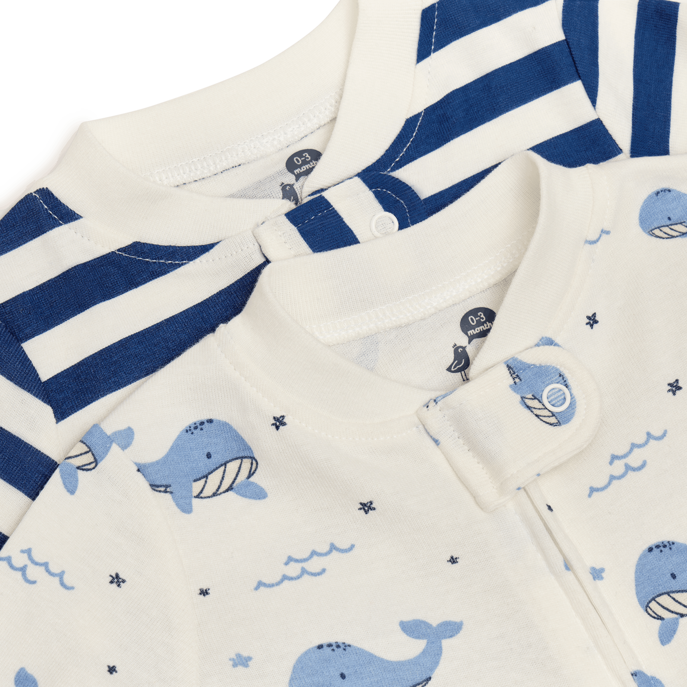 Small Story Organic Cotton 2-Way Zip Footie (2 Pack) - Blue Whale & Stripe, 0-3 M.