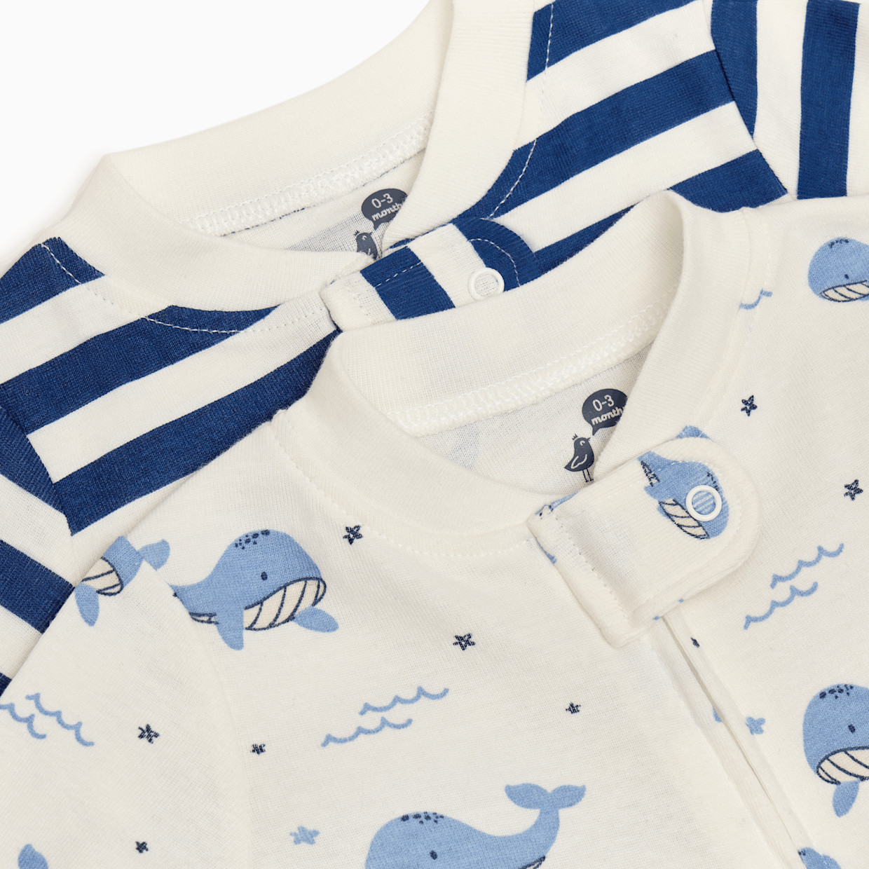 Small Story Organic Cotton 2-Way Zip Footie (2 Pack) - Blue Whale & Stripe, 0-3 M.