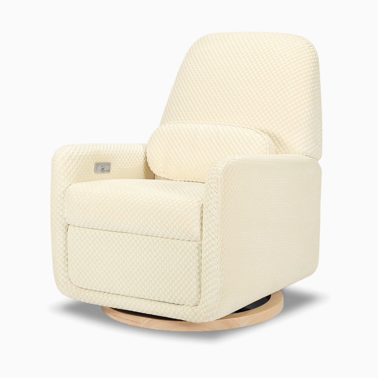 Ubabub Arc Electronic Recliner and Swivel Glider - Ivory Velvet Checker With Light Wood Base.