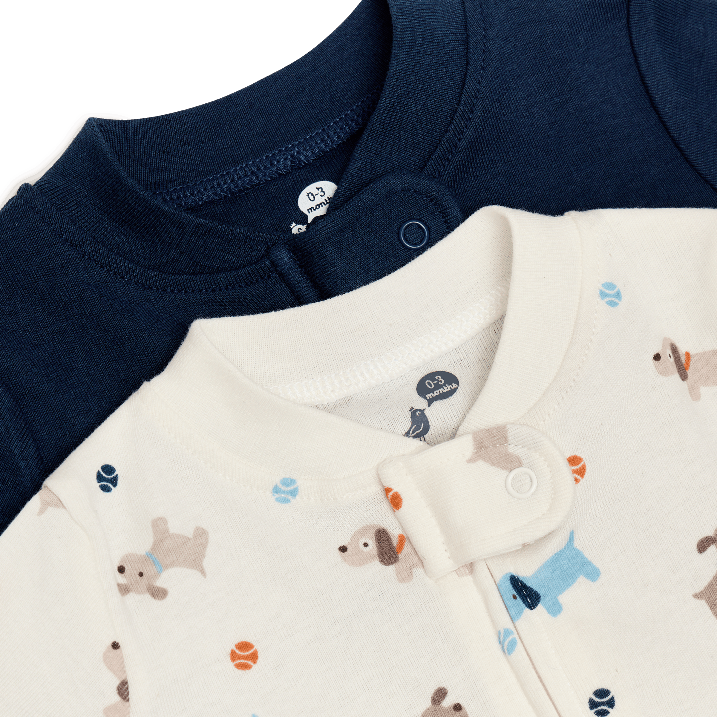 Small Story Organic Cotton 2-Way Zip Footie (2 Pack) - Playful Puppy & Solid Navy, 0-3 M.