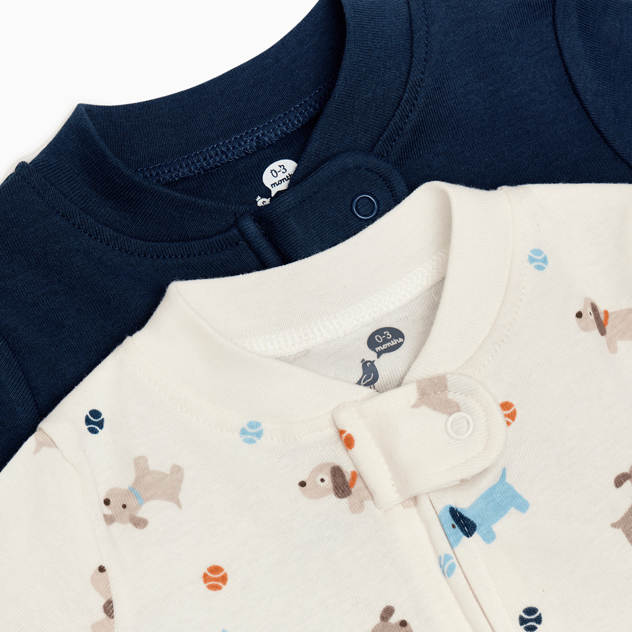 Small Story Organic Cotton 2-Way Zip Footie (2 Pack) - Playful Puppy & Solid Navy, 0-3 M.