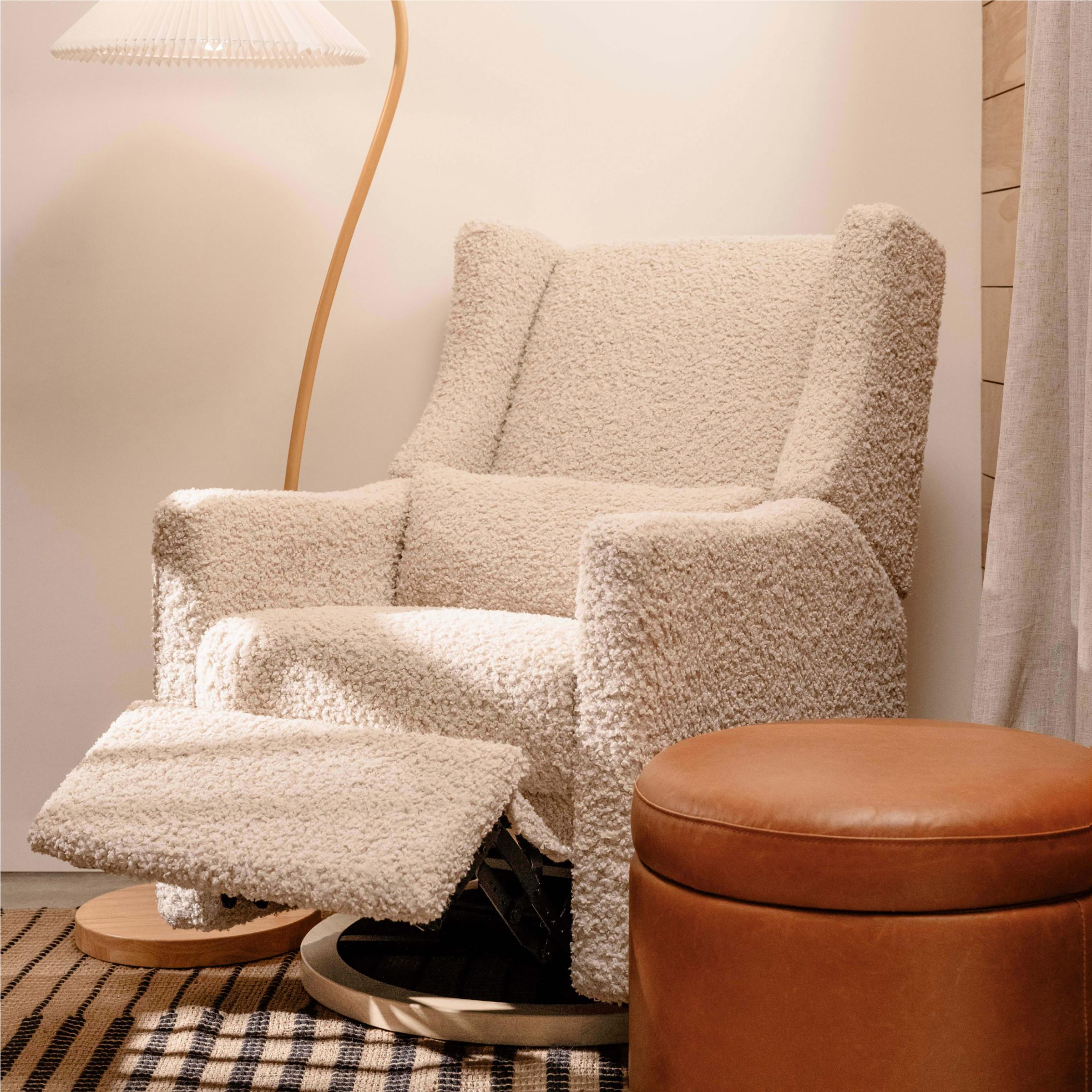 babyletto Kiwi Electronic Recliner and Swivel Glider - Almond Teddy Loop With Light Wood Base.