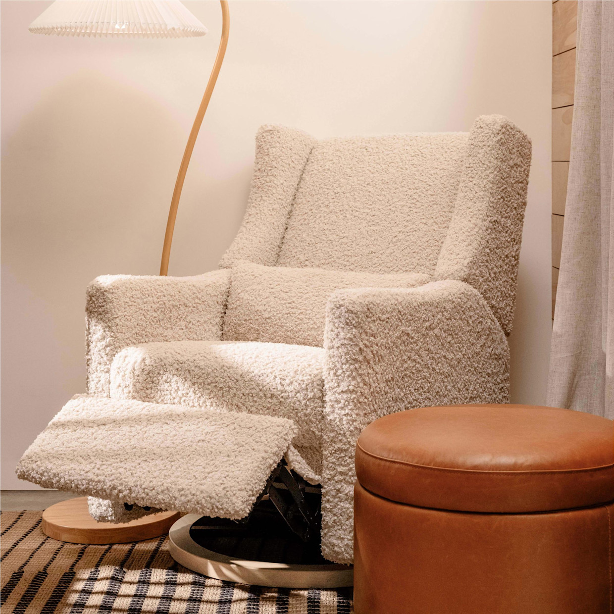 babyletto Kiwi Electronic Recliner and Swivel Glider - Almond Teddy Loop With Light Wood Base.