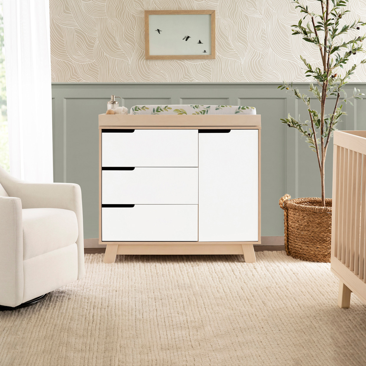 babyletto Hudson 3-Drawer Changer Dresser - Washed Natural / White.