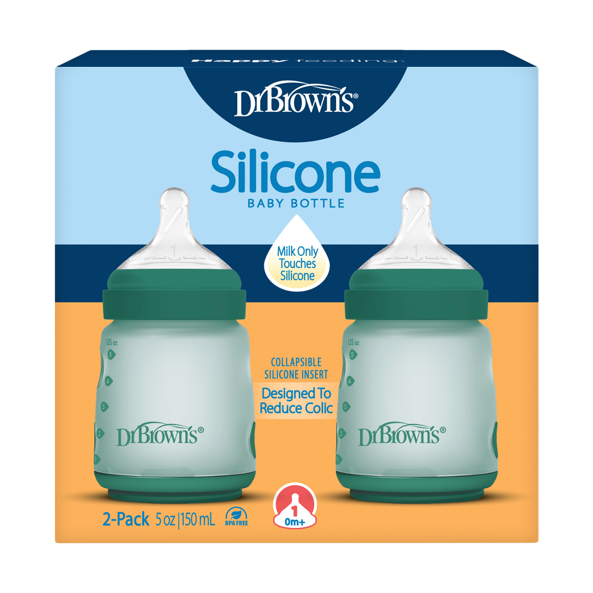 Dr. Brown's Options+ Wide-Neck Silicone Baby Bottles - Green, 5 Oz.