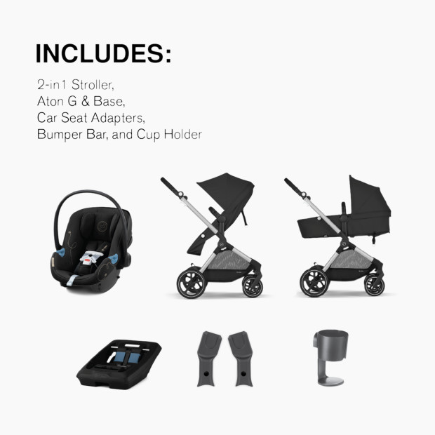 Cybex EOS 5-in-1 Travel System Stroller + Lightweight Aton G Infant Car Seat - Moon Black.