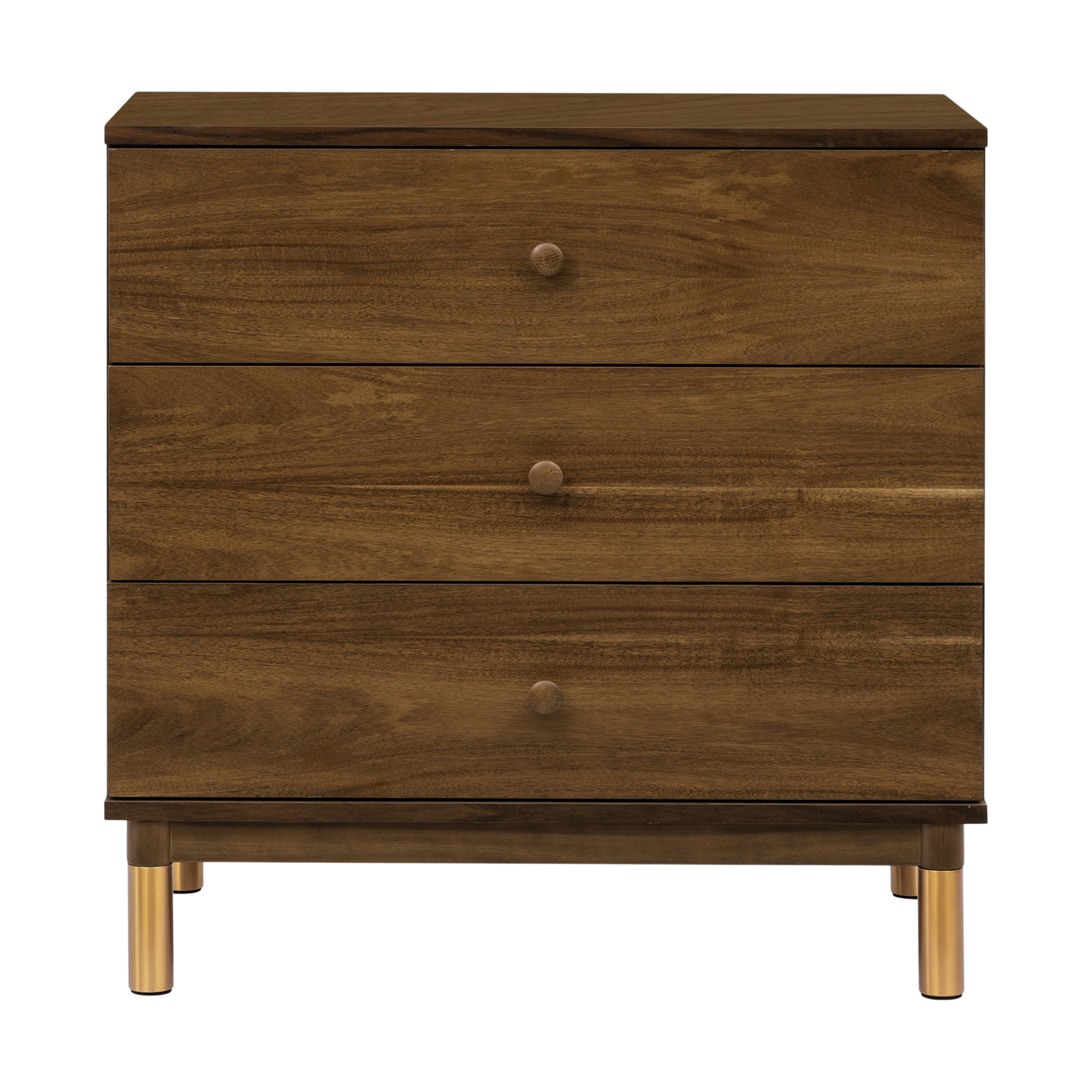 babyletto Gelato 3-Drawer Changer Dresser - Natural Walnut & Gold Feet.