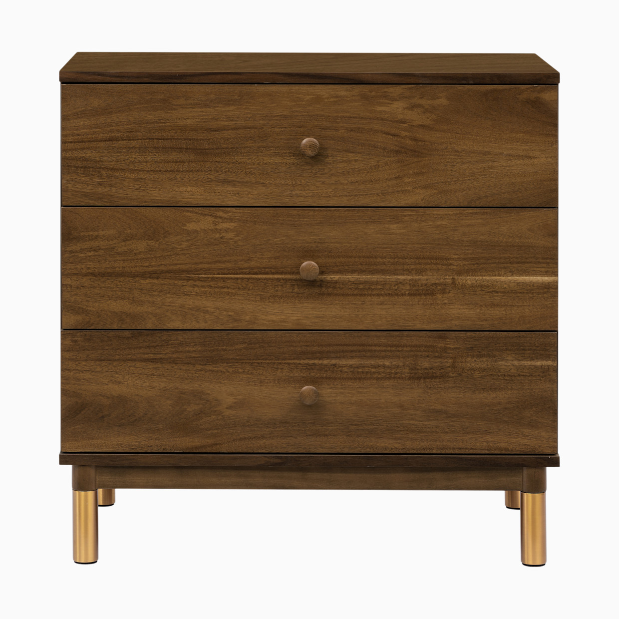 babyletto Gelato 3-Drawer Changer Dresser - Natural Walnut & Gold Feet.