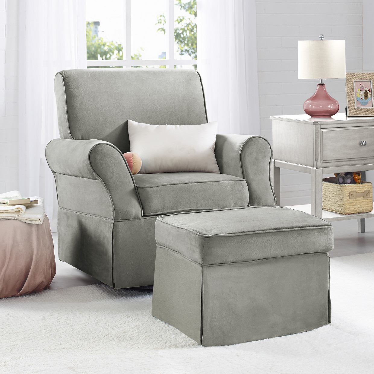 Baby Relax Kelcie Swivel Glider Chair and Ottoman Set - Gray Microfiber.
