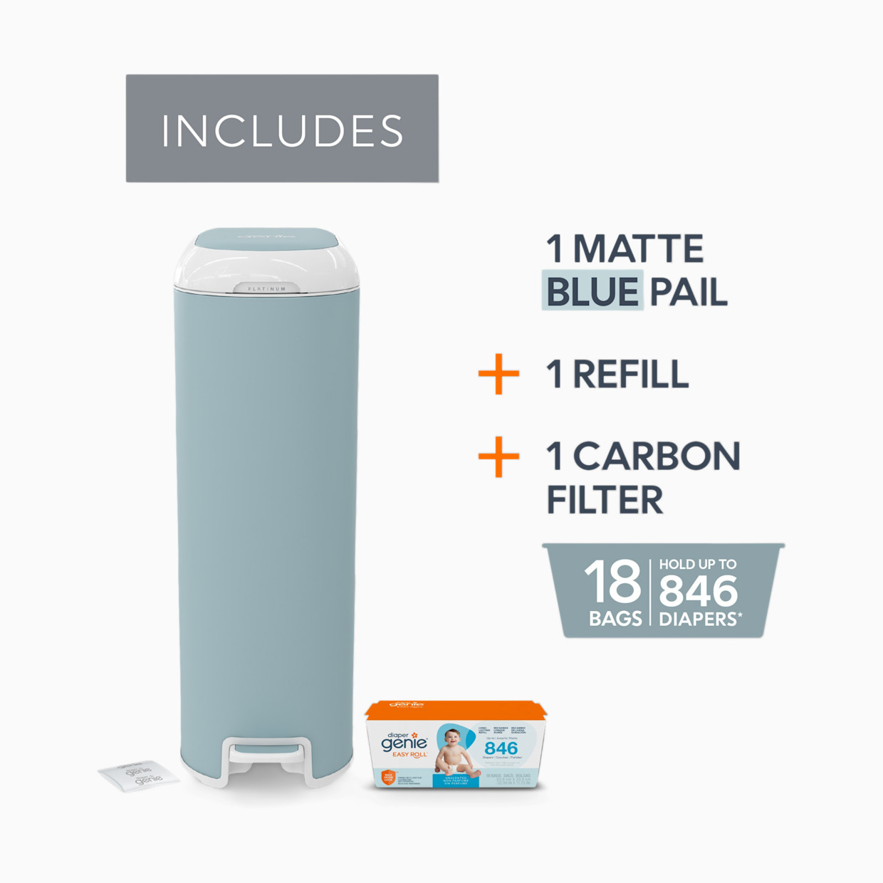 Diaper Genie Platinum Stainless Steel Diaper Pail with Easy Roll Refill Bags - Glacial Blue, Unscented.