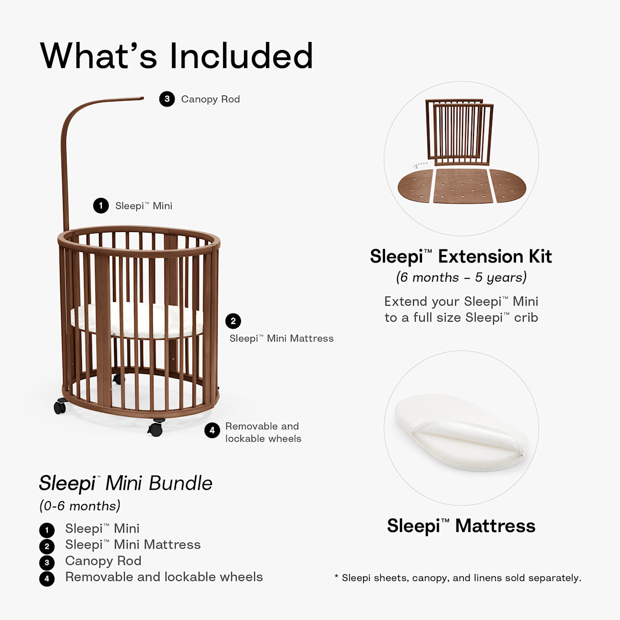 Stokke Sleepi3-in-1 Convertible Crib with Mattresses and Extension Kit - White/Warm Brown.