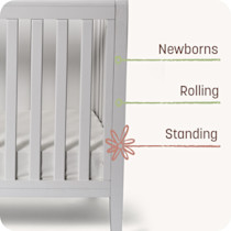 Close-up of crib leg and slats with text about newborn, rolling, standing