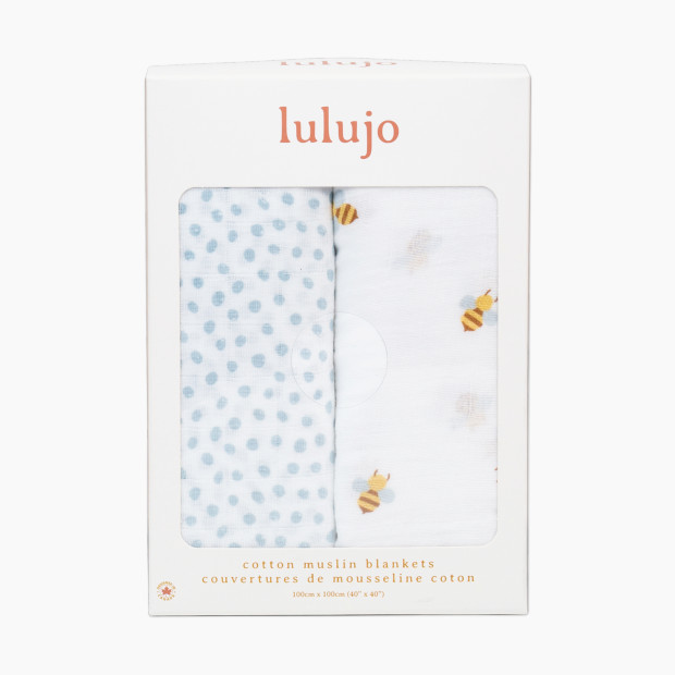 Lulujo Muslin Swaddles (2 Pack) - Bees/Blue Dots, 2.