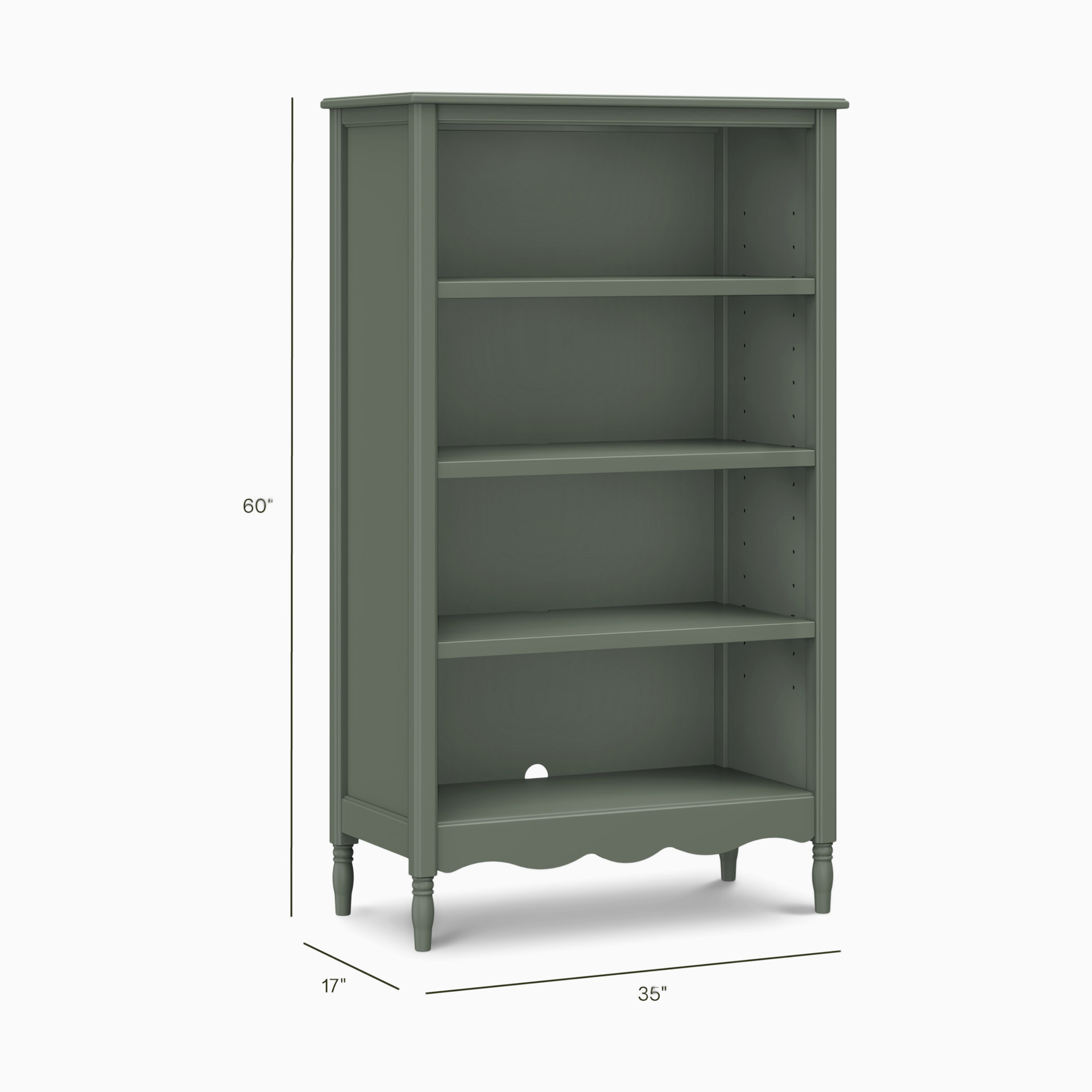 White distressed wooden bookcase with dimensions 60" H x 35" W.