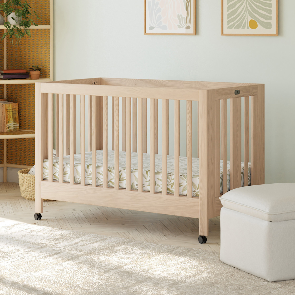 babyletto Maki Portable Folding Crib with Toddler Bed Conversion Kit - Washed Natural.