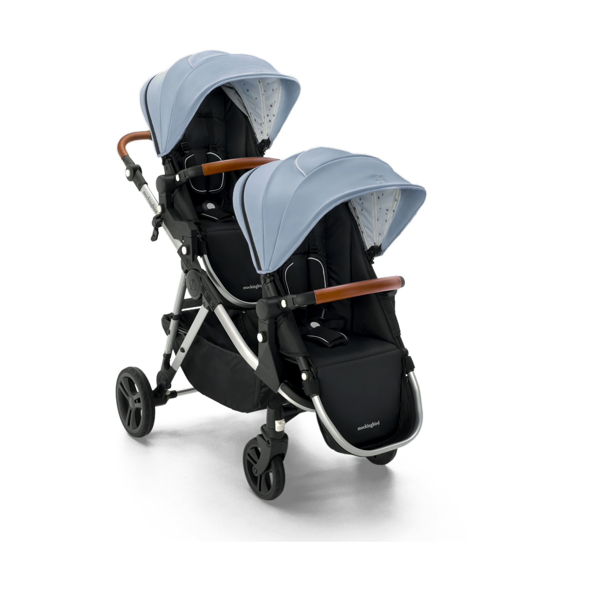 Mockingbird Single-to-Double Stroller 2.0 - Sky/Watercolor Canopy With Penny Leather.
