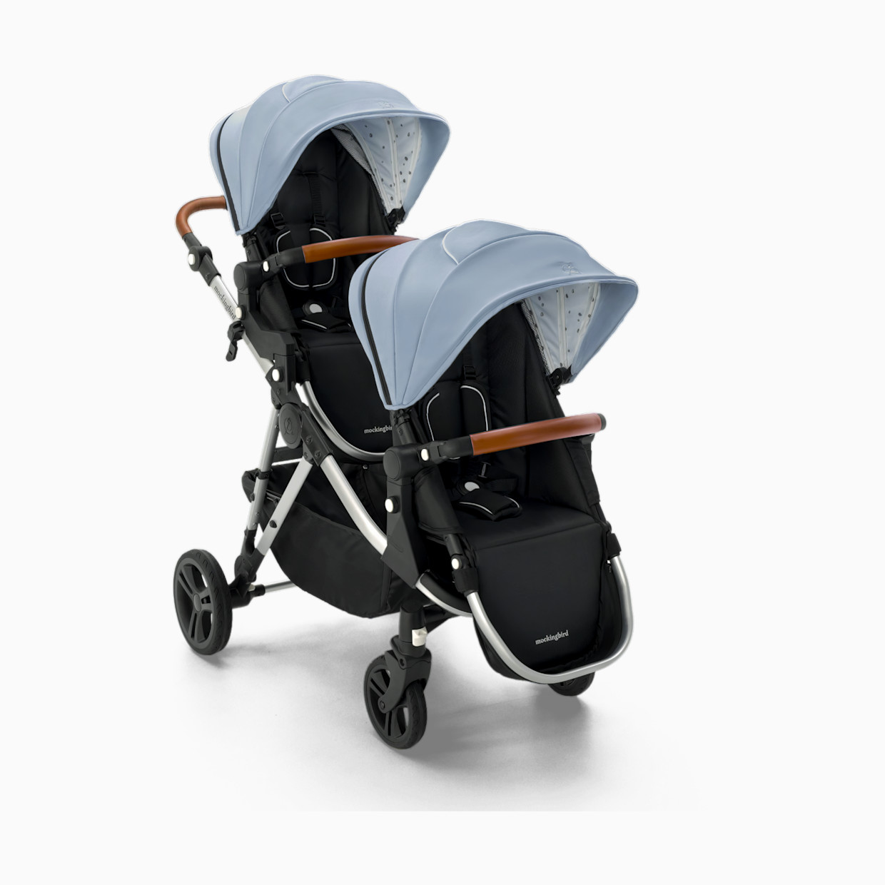 Mockingbird Single-to-Double Stroller 2.0 - Sky/Watercolor Canopy With Penny Leather.