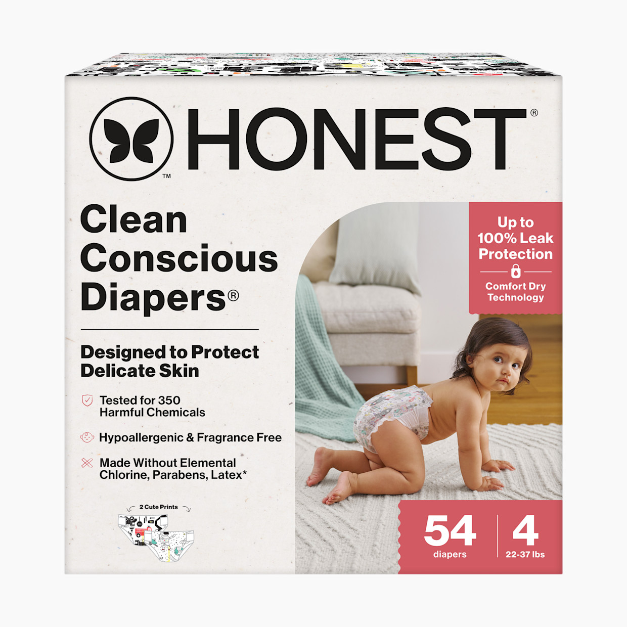 The Honest Company Clean Conscious Disposable Diapers Size 3-5 - Space Travel + Big Trucks, Size 4, 54 Count.