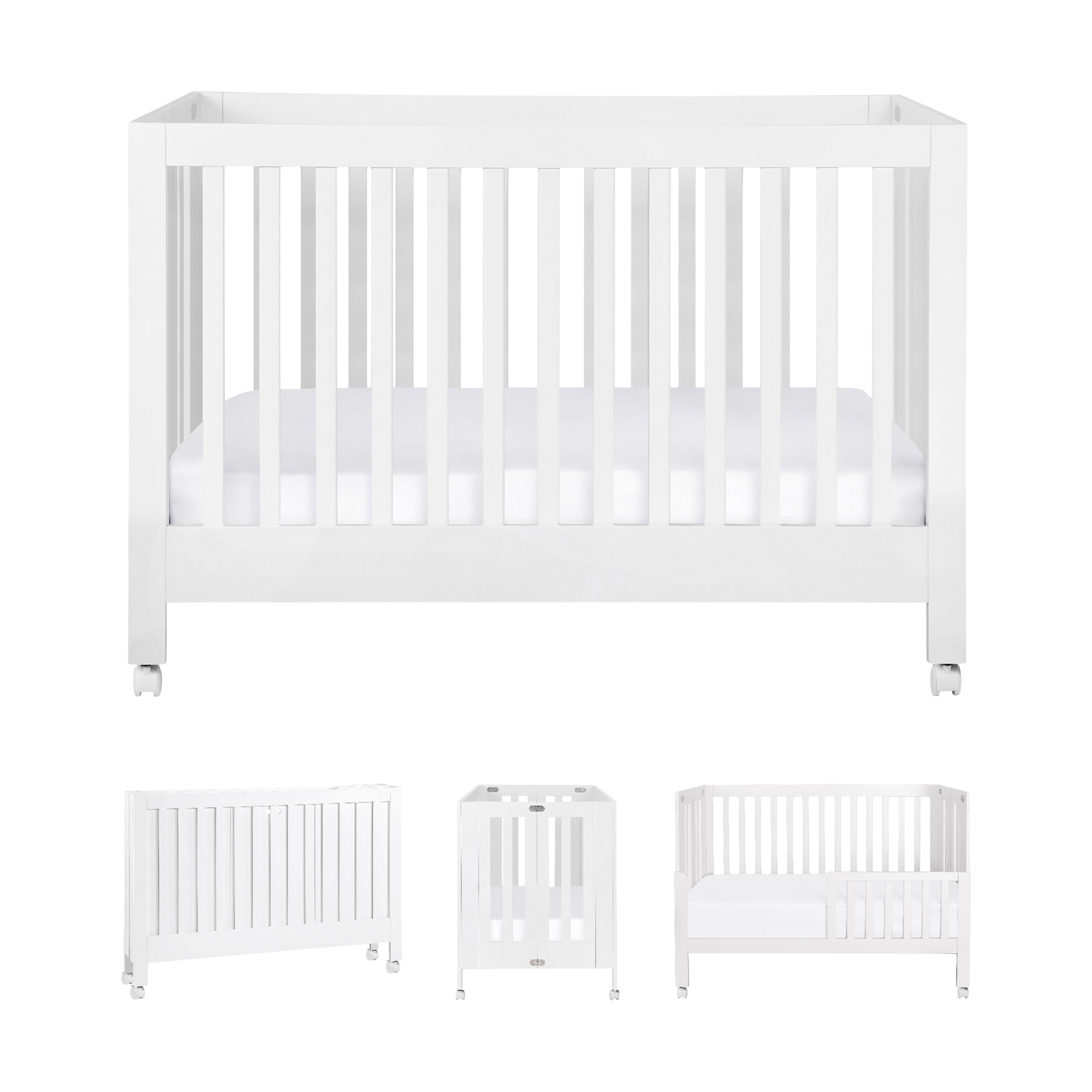 babyletto Maki Portable Folding Crib with Toddler Bed Conversion Kit - White.
