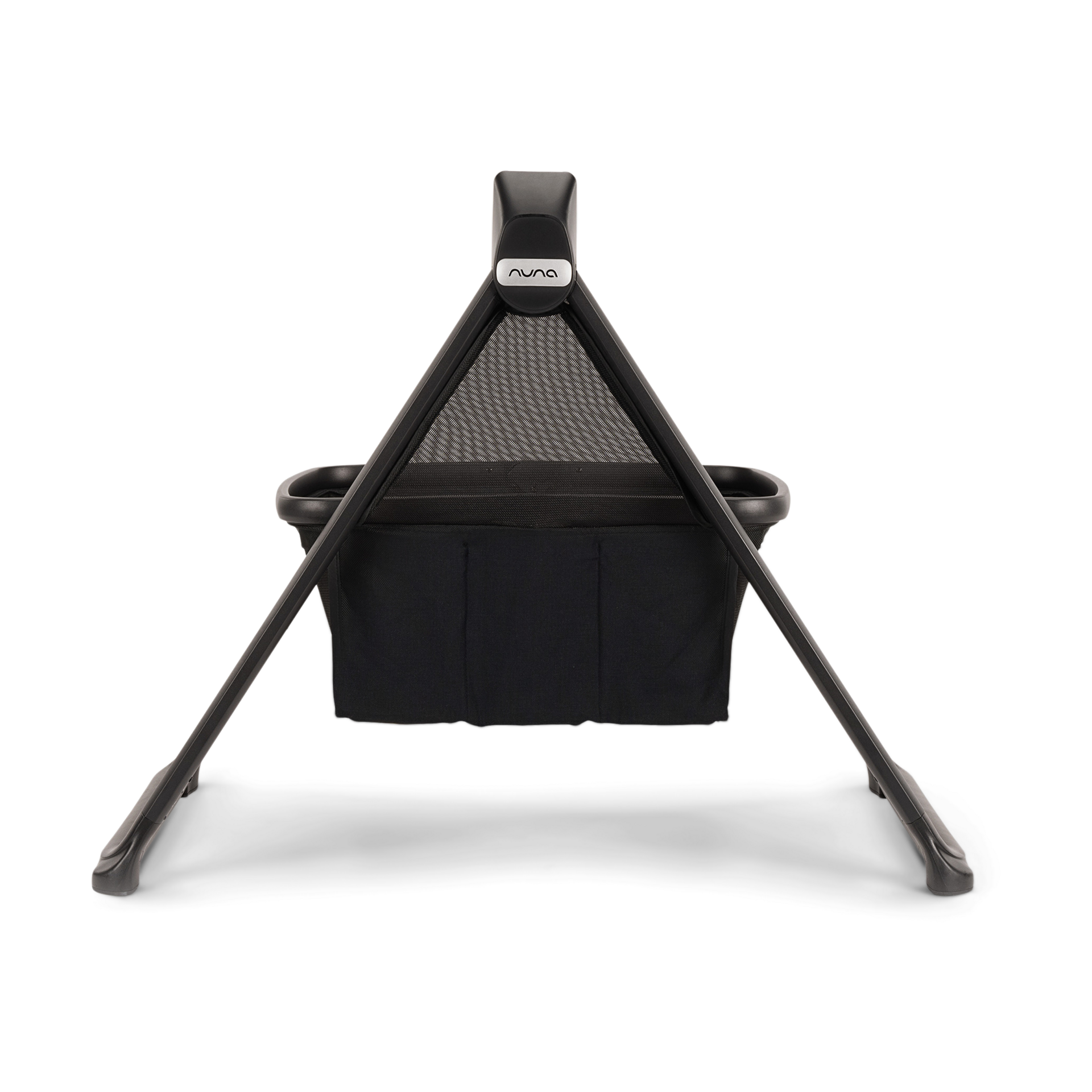 Flat lay view of the black Nuna bassinet.