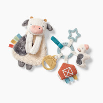 Itzy Ritzy Farm Toy Gift Set - Includes Cow Lovey & Farm-Themed Busy Ring Car Seat and Stroller Toy - Features Crinkle Sounds, Engaging Textures & Silicone Teething Relief (Farm)