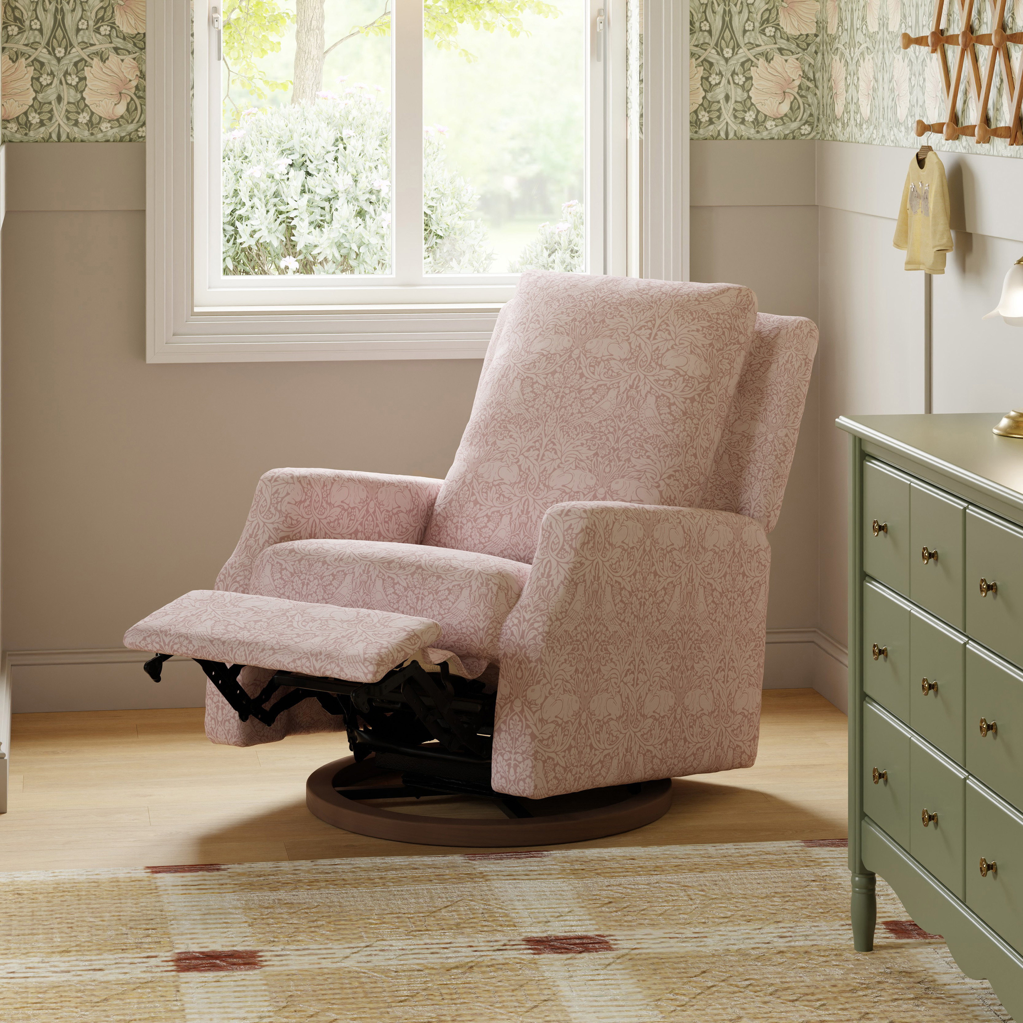 Namesake Morris & Co. x Namesake Crewe Recliner and Swivel Glider - Pure Brer Rabbit In Rose Performance Eco-Weave.