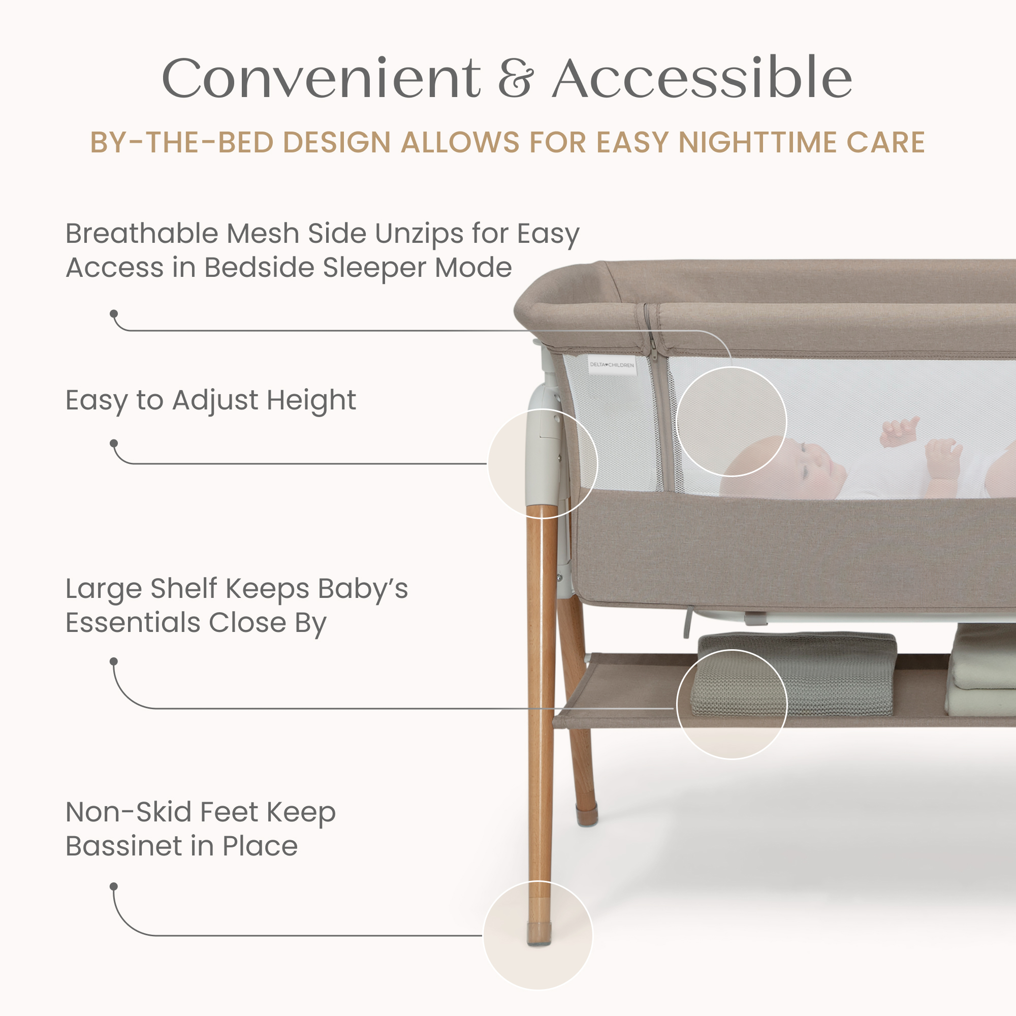 Delta Children Bondi Adjustable Height Bedside Beechwood Bassinet - Tan Melange.