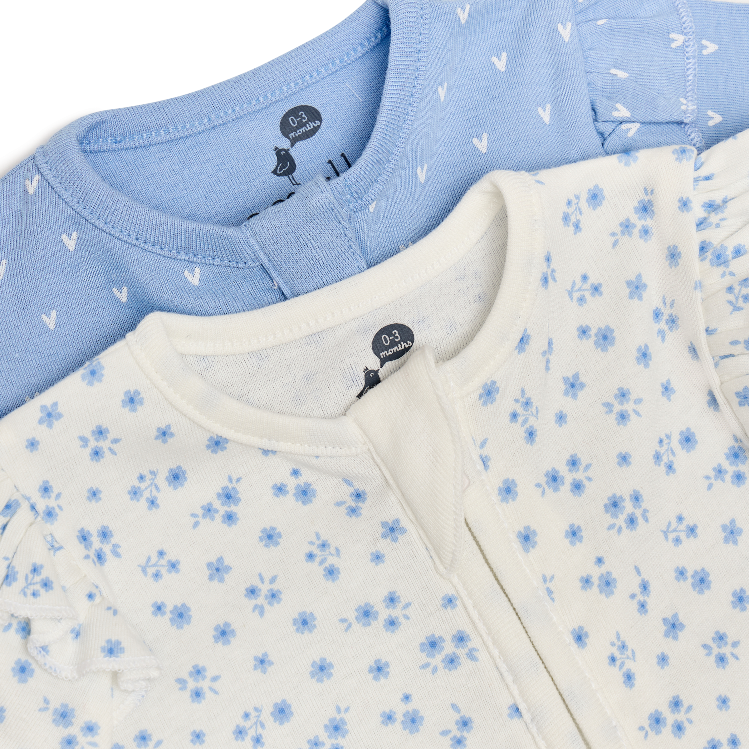 Small Story Organic Cotton Ruffle 2-Way Zip Footie (2 Pack) - Blue Floral & Mini Heart, 0-3 M.