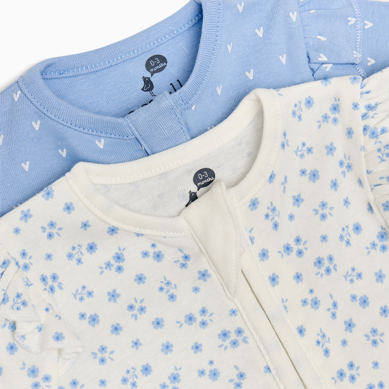 Small Story Organic Cotton Ruffle 2-Way Zip Footie (2 Pack) - Blue Floral & Mini Heart, 0-3 M.